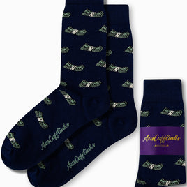 Cash money print socks in navy blue base featuring dollar design by AusCufflinks