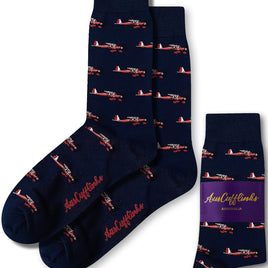 Classic red aircraft print socks in navy blue base by AusCufflinks