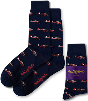 Classic red aircraft print socks in navy blue base by AusCufflinks