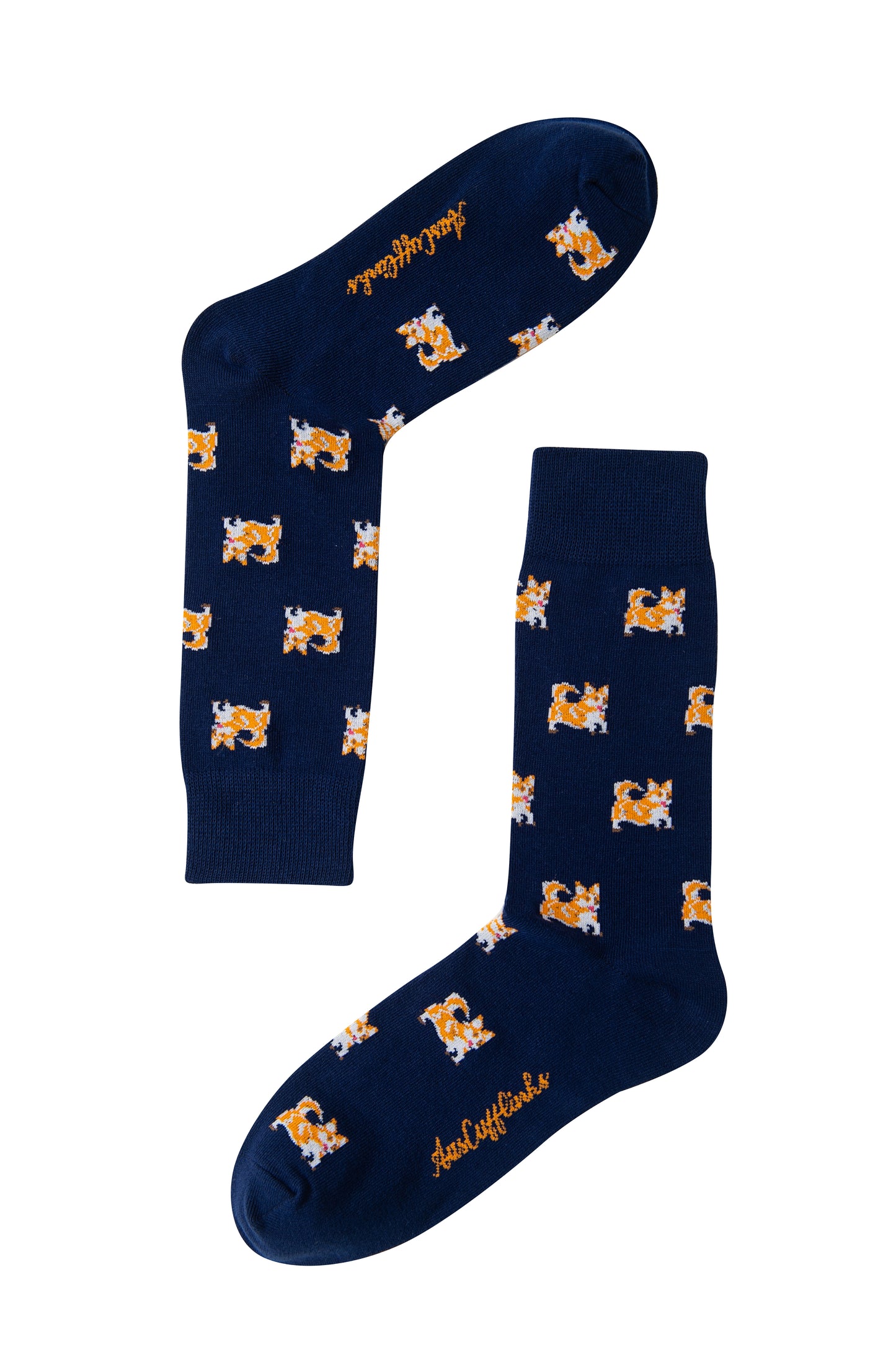 Cute corgi pattern socks in navy blue, perfect for dog lovers and pet enthusiasts
