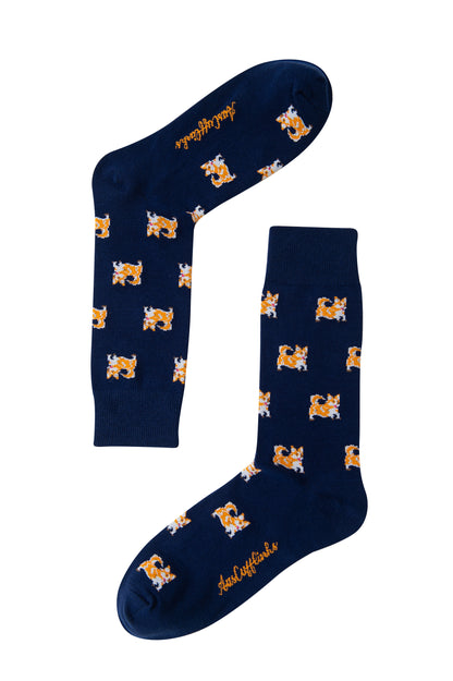 Cute corgi pattern socks in navy blue, perfect for dog lovers and pet enthusiasts