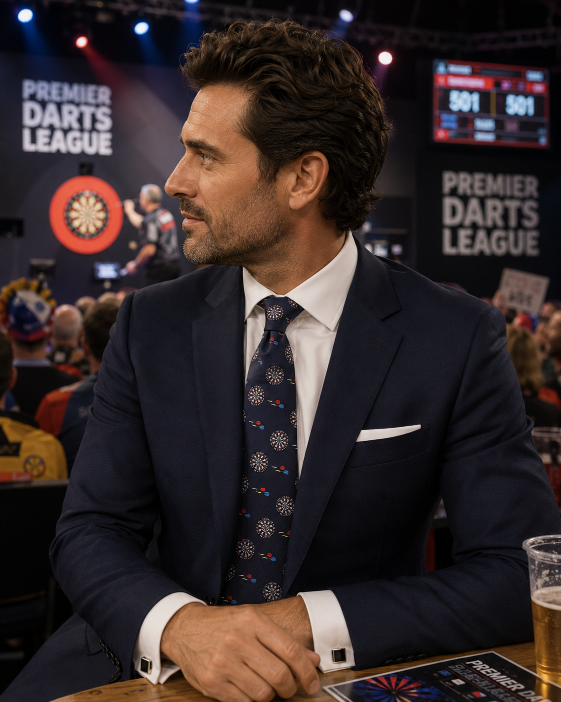 Man wearing a dart skinny tie at a live darts event with players competing in the background.