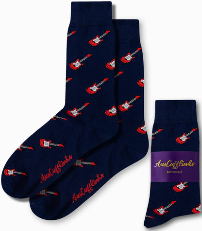 Electric guitar print socks in navy blue base by AusCufflinks