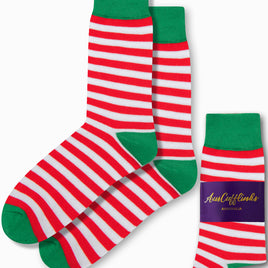Festive elf socks with red and white stripes, perfect for Christmas celebrations by AusCufflinks