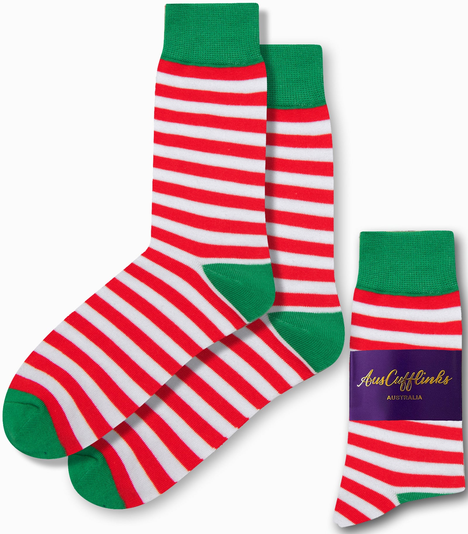 Festive elf socks with red and white stripes, perfect for Christmas celebrations by AusCufflinks