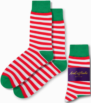 Festive elf socks with red and white stripes, perfect for Christmas celebrations by AusCufflinks