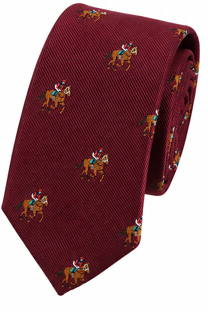 mens maroon horse racing skinny necktie with thoroughbred horse motif ideal for derby days weddings and stylish formal occasions