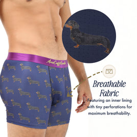 Wearing Sausage Dog Underwear with playful dachshund prints, a close-up shows the perforated, breathable inner lining for comfort—perfect dog lover underwear highlighting its ventilated fabric.