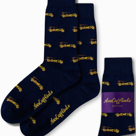 Gold classic car print socks in navy base by AusCufflinks