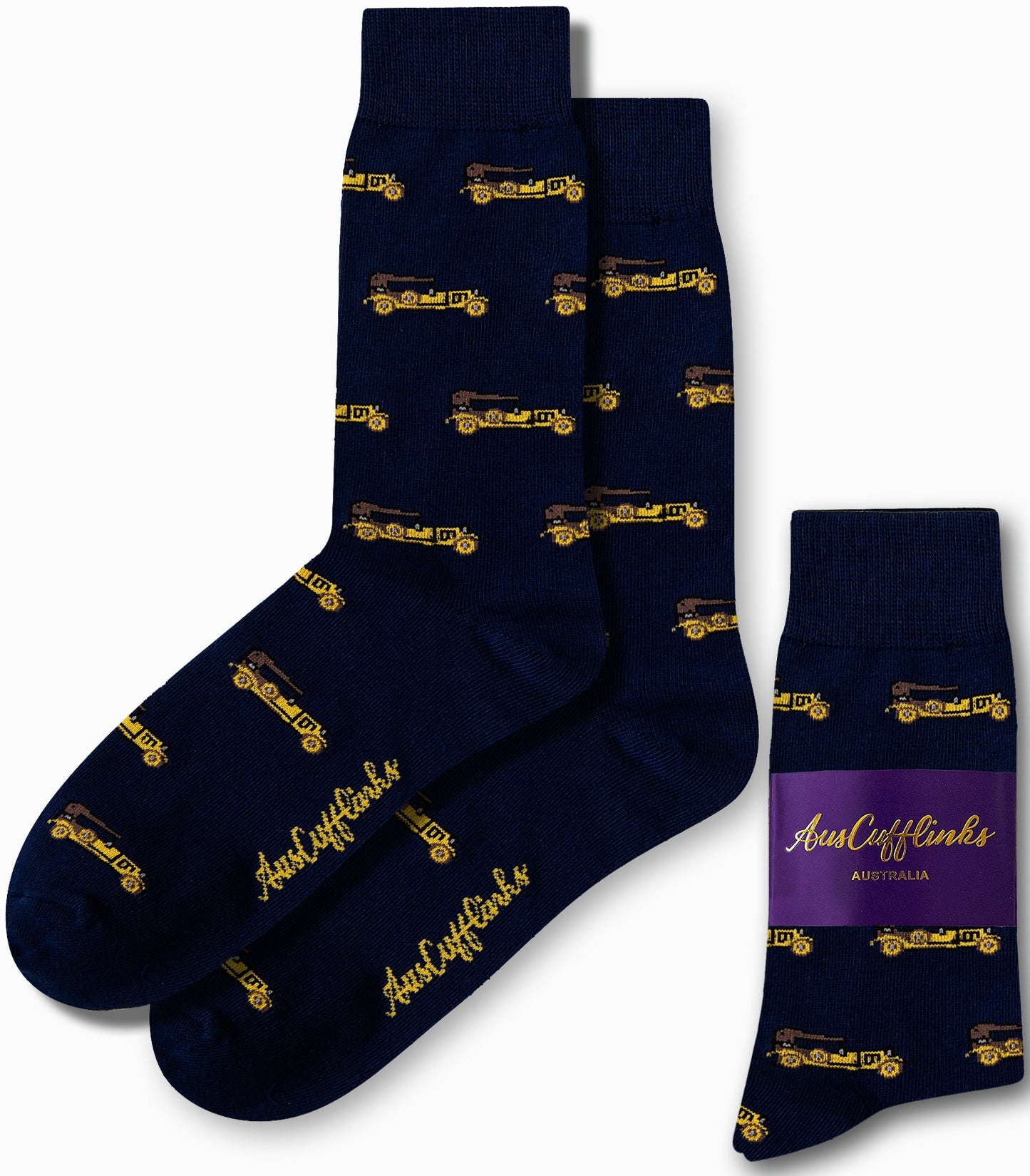 Gold classic car print socks in navy base by AusCufflinks