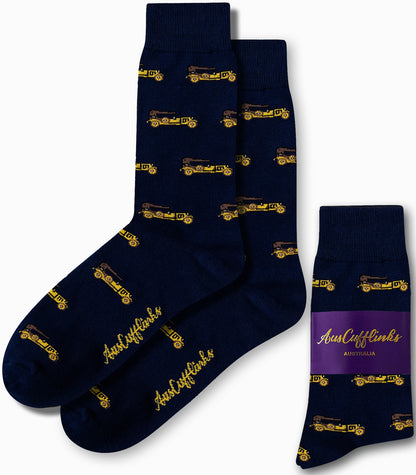 Gold classic car print socks in navy base by AusCufflinks