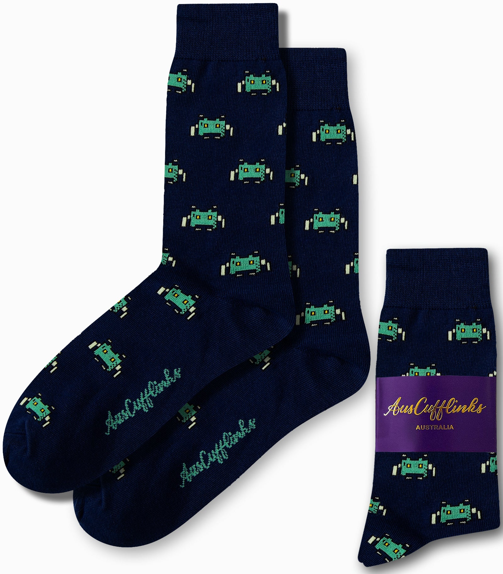 Green space invader print socks in navy blue base by AusCufflinks
