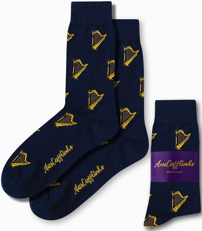 Harp Socks: Navy blue socks featuring yellow harp patterns and "AusCufflinks Australia" branding, sold as a pair with a purple label—ideal for music lovers seeking stylish, classical-themed accessories.