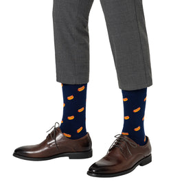 Hotdog print socks in navy blue base featuring colourful food design by AusCufflinks