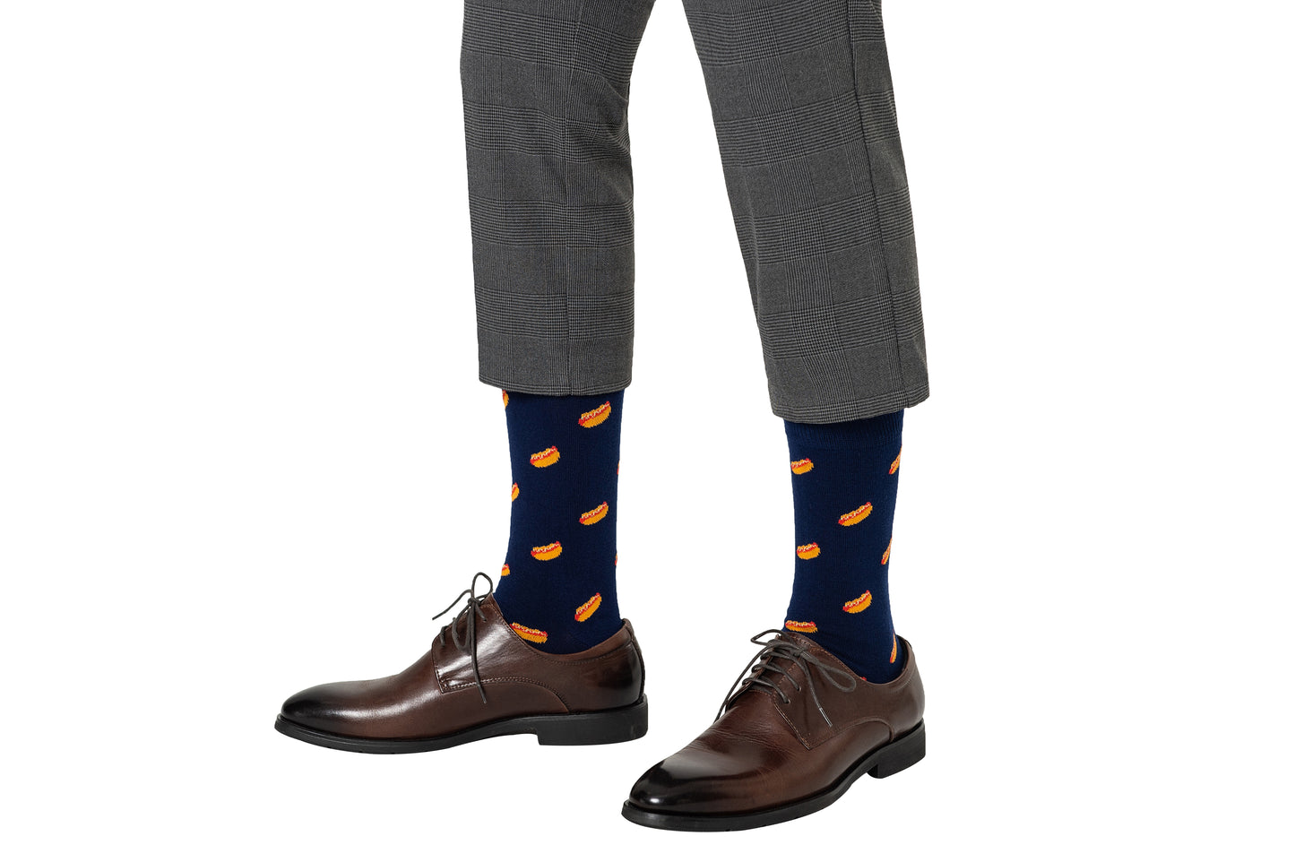 Hotdog print socks in navy blue base featuring colourful food design by AusCufflinks