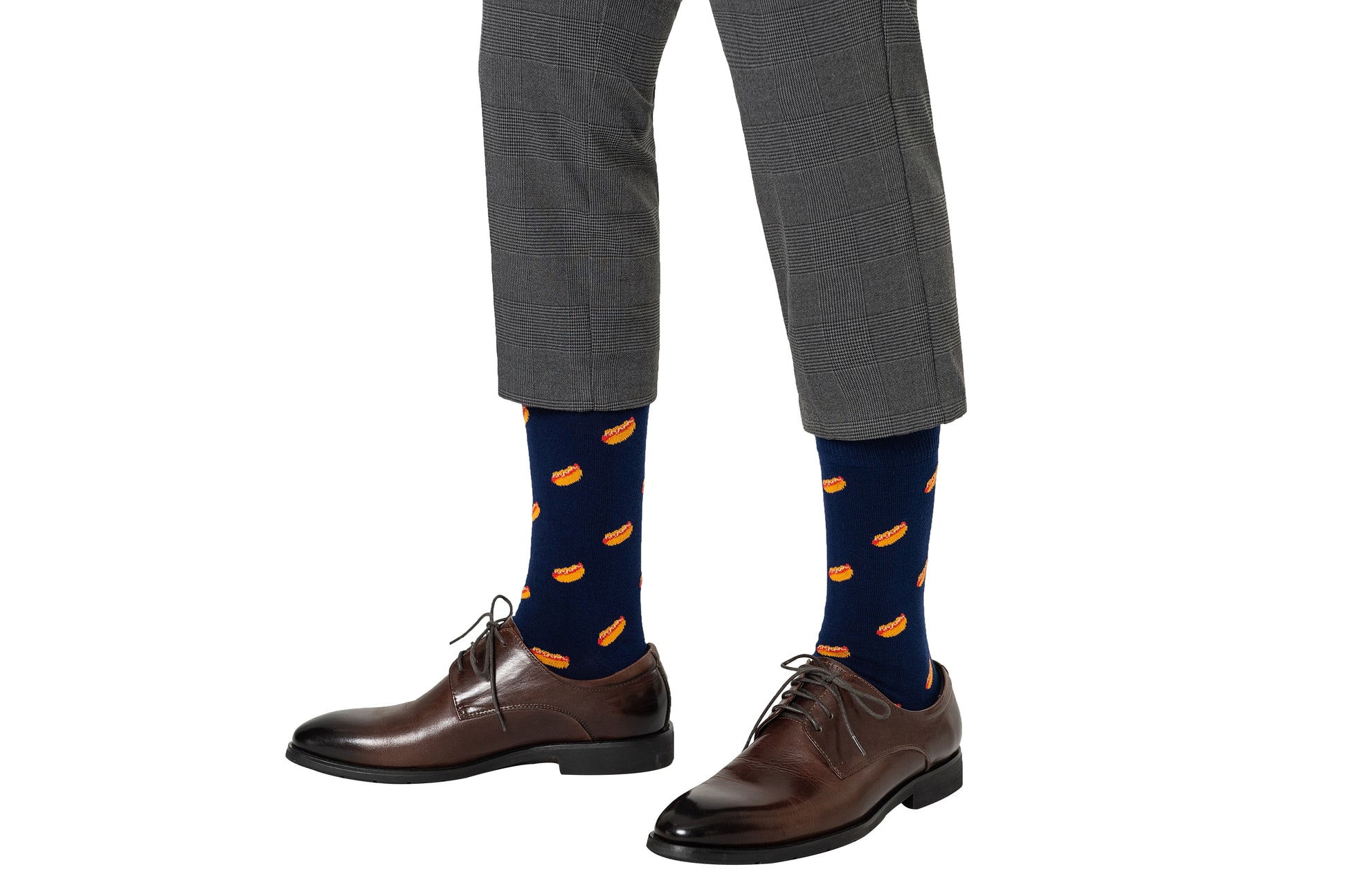 Hotdog print socks in navy blue base featuring colourful food design by AusCufflinks