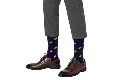 Hotdog print socks in navy blue base featuring colourful food design by AusCufflinks