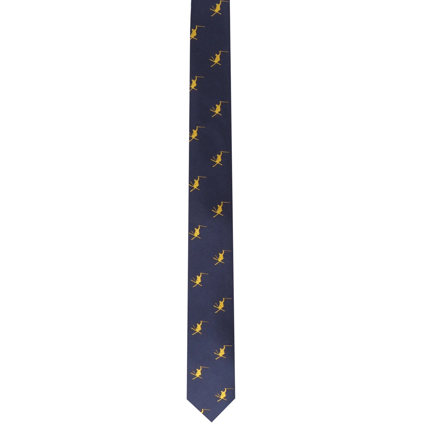 A navy blue Ski Tie featuring a pattern of small yellow golfer silhouettes.