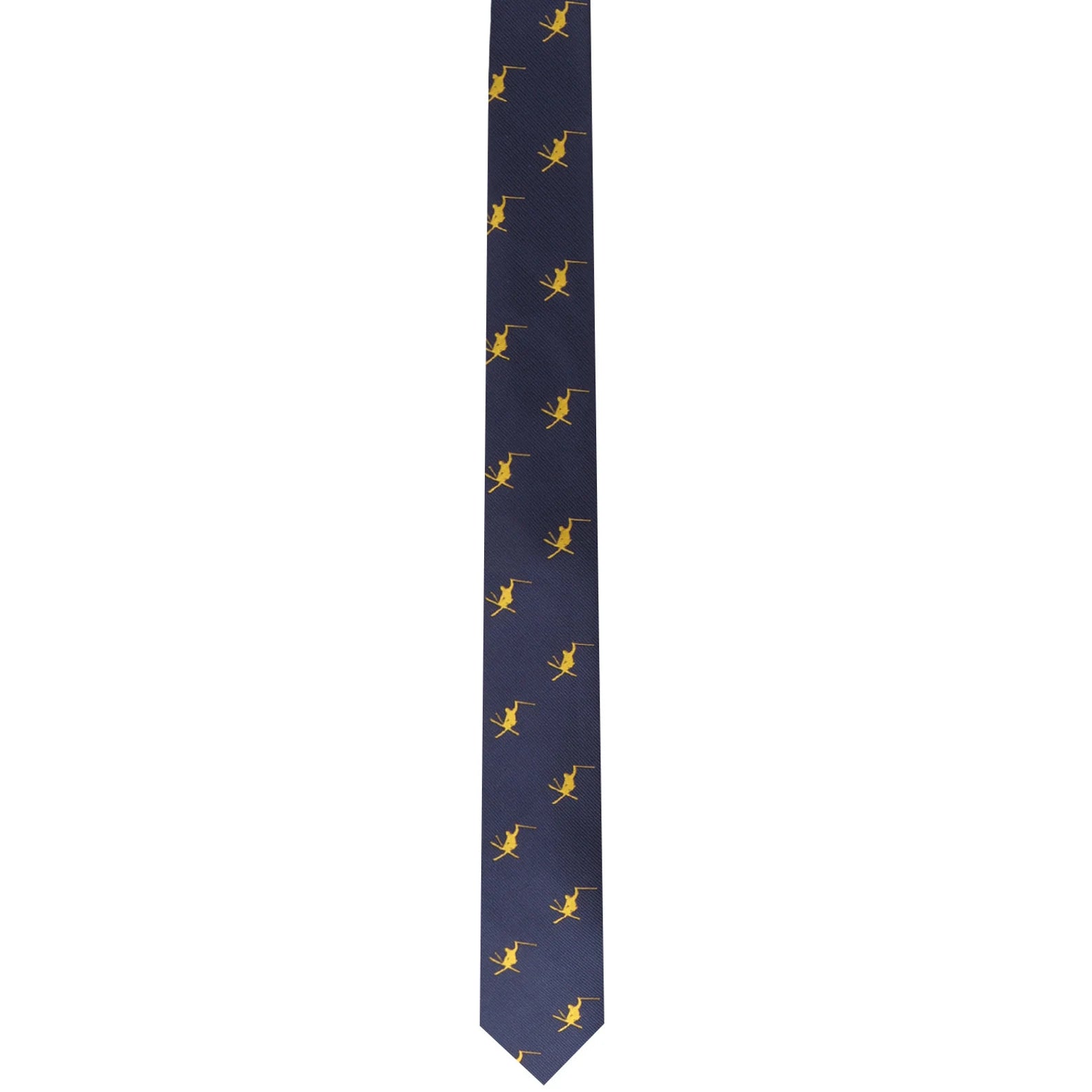 A navy blue Ski Tie featuring a pattern of small yellow golfer silhouettes.