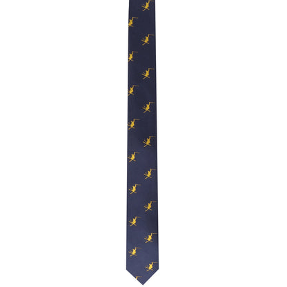 A navy blue Ski Tie featuring a pattern of small yellow golfer silhouettes.