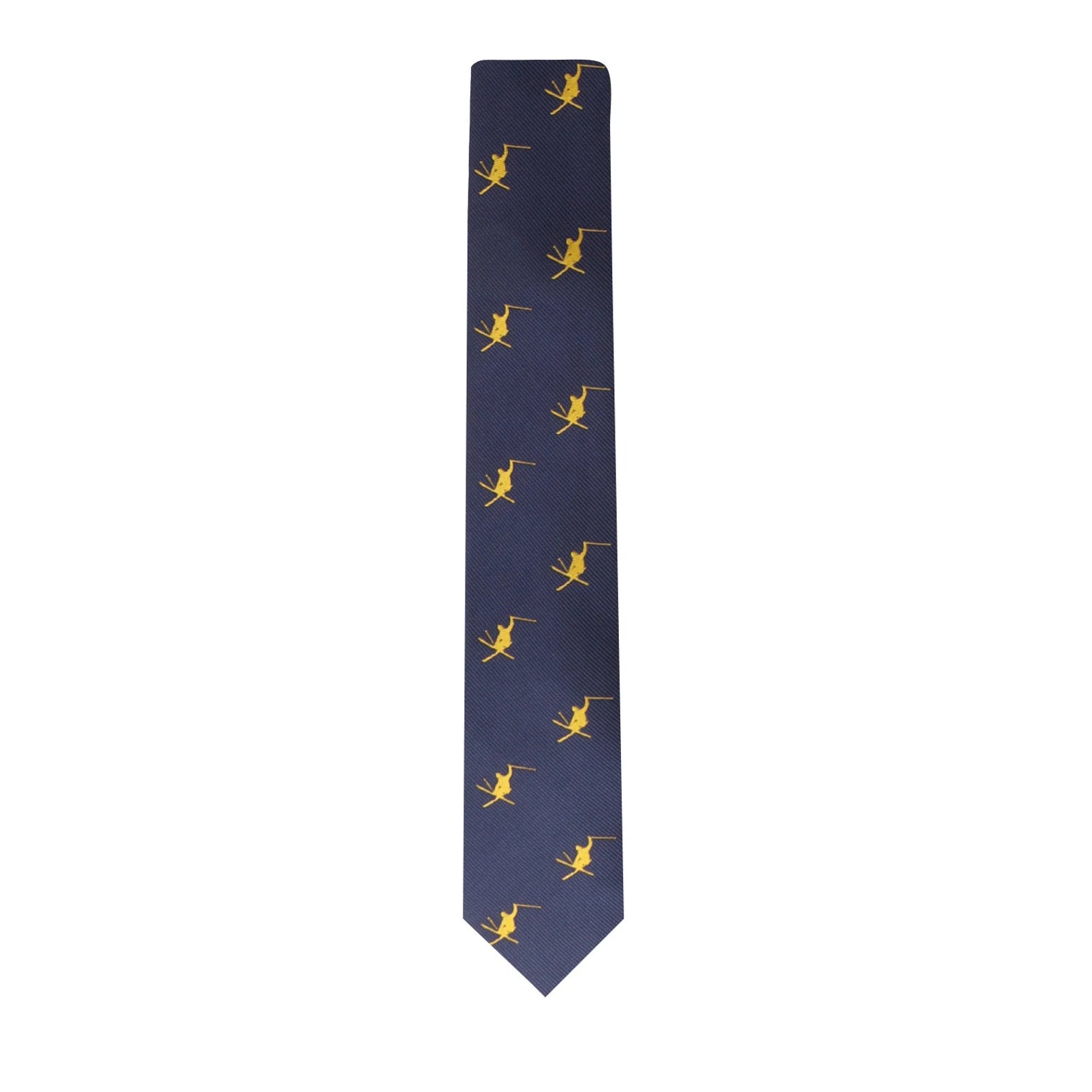 A dark blue necktie, adorned with a pattern of repeating small yellow birds, exudes a sense of Ski Tie.