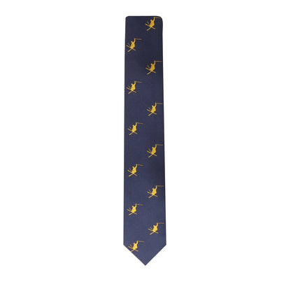 A dark blue necktie, adorned with a pattern of repeating small yellow birds, exudes a sense of Ski Tie.