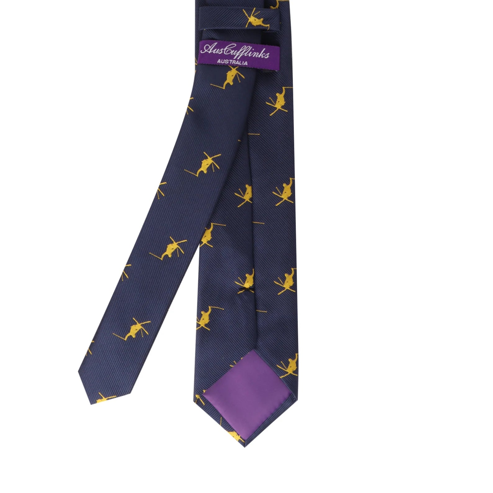 Navy blue tie adorned with an orange kangaroo pattern and a purple label tag that reads "Austen Links Australia." Perfect for any occasion, this tie exudes Ski Tie.
