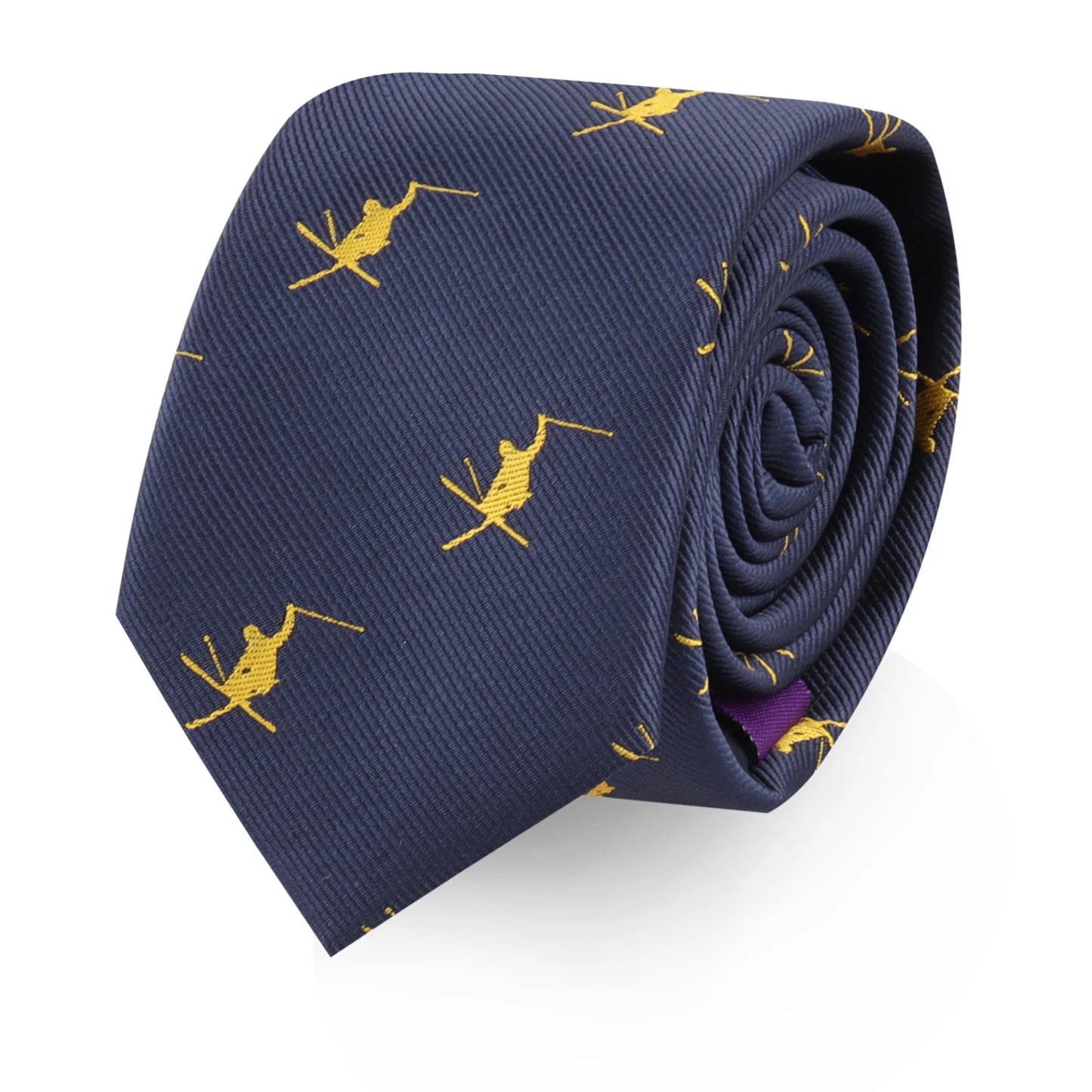 A navy blue Ski Tie, featuring a pattern of yellow embroidered skiers, rolled up on a white background.