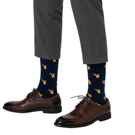 Jazz saxophone socks in navy blue base, perfect for music lovers and performers by AusCufflinks