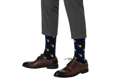 Jazz saxophone socks in navy blue base, perfect for music lovers and performers by AusCufflinks