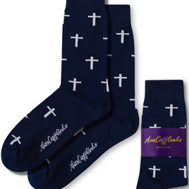 Jesus the Redeemer print socks in navy blue base with white design by AusCufflinks