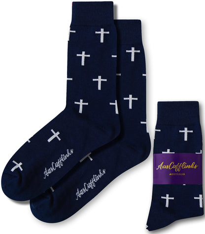 Jesus the Redeemer print socks in navy blue base with white design by AusCufflinks