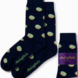 Kiwi Socks: Navy tropical socks with a repeating kiwi fruit pattern and green "AusCufflinks" branding; packaging label reads "AusCufflinks Australia.