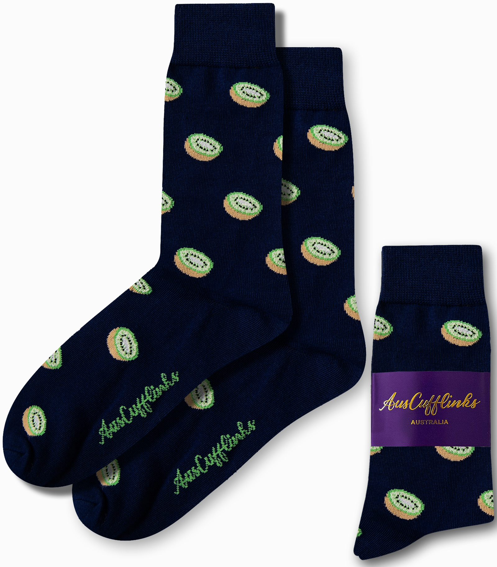 Kiwi Socks: Navy tropical socks with a repeating kiwi fruit pattern and green "AusCufflinks" branding; packaging label reads "AusCufflinks Australia.
