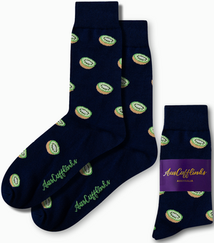 Kiwi Socks: Navy tropical socks with a repeating kiwi fruit pattern and green "AusCufflinks" branding; packaging label reads "AusCufflinks Australia.