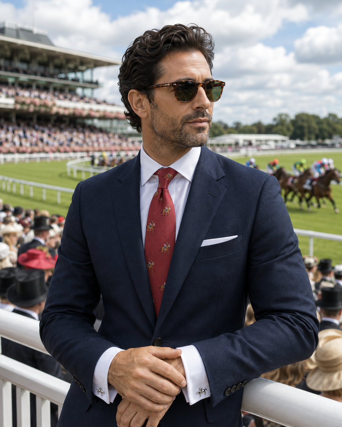 Man wearing a maroon thoroughbred horse racing skinny tie at a horse racing event with racetrack and jockeys in the background.