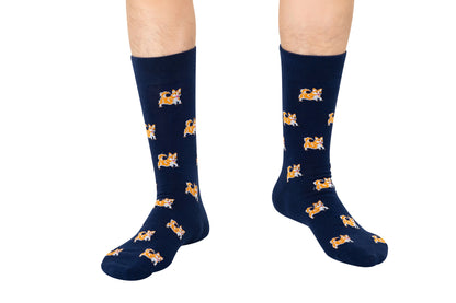 Men’s novelty socks featuring playful corgi dog print by AusCufflinks