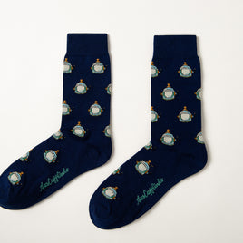 Fun novelty astronaut socks for men featuring white space helmet design on navy background