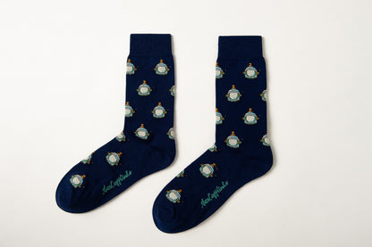 Fun novelty astronaut socks for men featuring white space helmet design on navy background