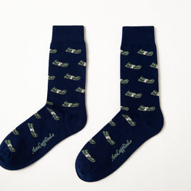 Fun novelty socks for men featuring dollar bill pattern on navy background