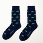Fun novelty gamer socks for men featuring green space invader design on navy background