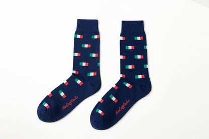 Fun novelty socks for men with Mexican and Italian flag design in vibrant green, white, and red tones