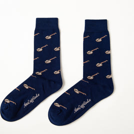 Fun novelty music socks for men featuring banjo instrument design on navy background