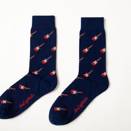 Fun novelty music socks for men featuring red electric guitar design on navy background