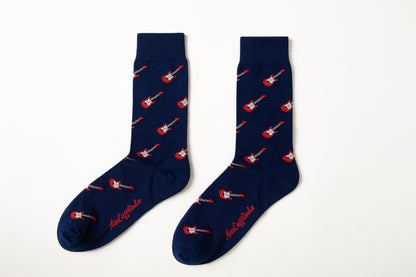 Fun novelty music socks for men featuring red electric guitar design on navy background