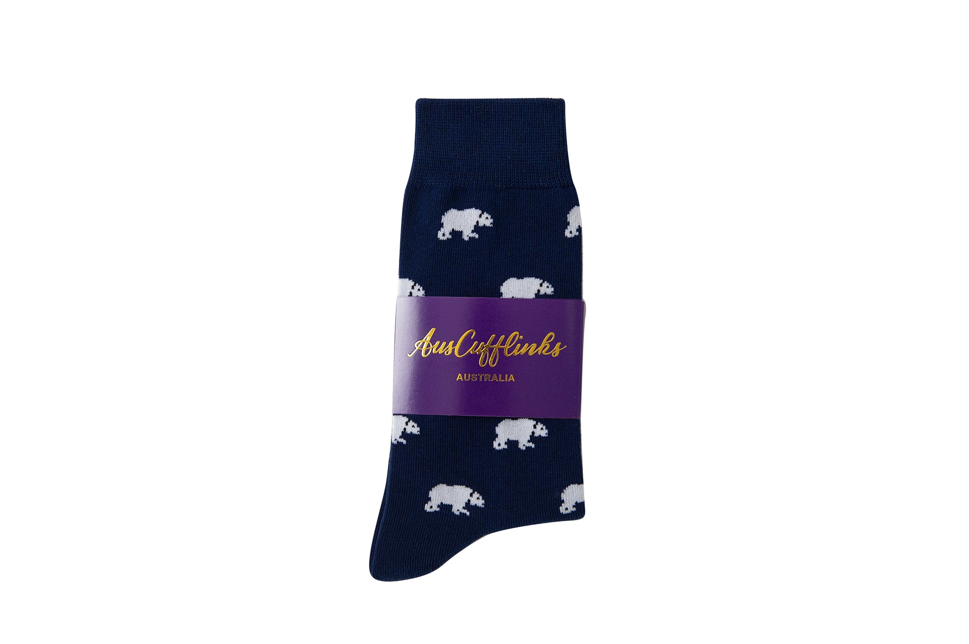 Fun novelty socks for men featuring cute polar bear design on navy background