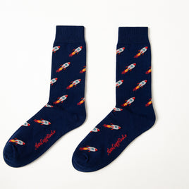 Fun novelty space socks for men featuring rocket ship design on navy background
