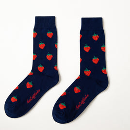 Fun novelty fruit socks for men featuring red strawberry design on navy background