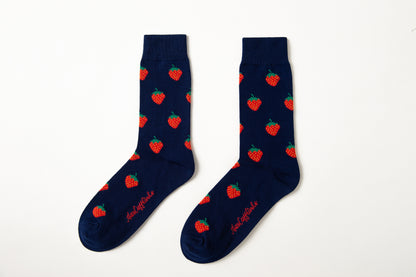 Fun novelty fruit socks for men featuring red strawberry design on navy background