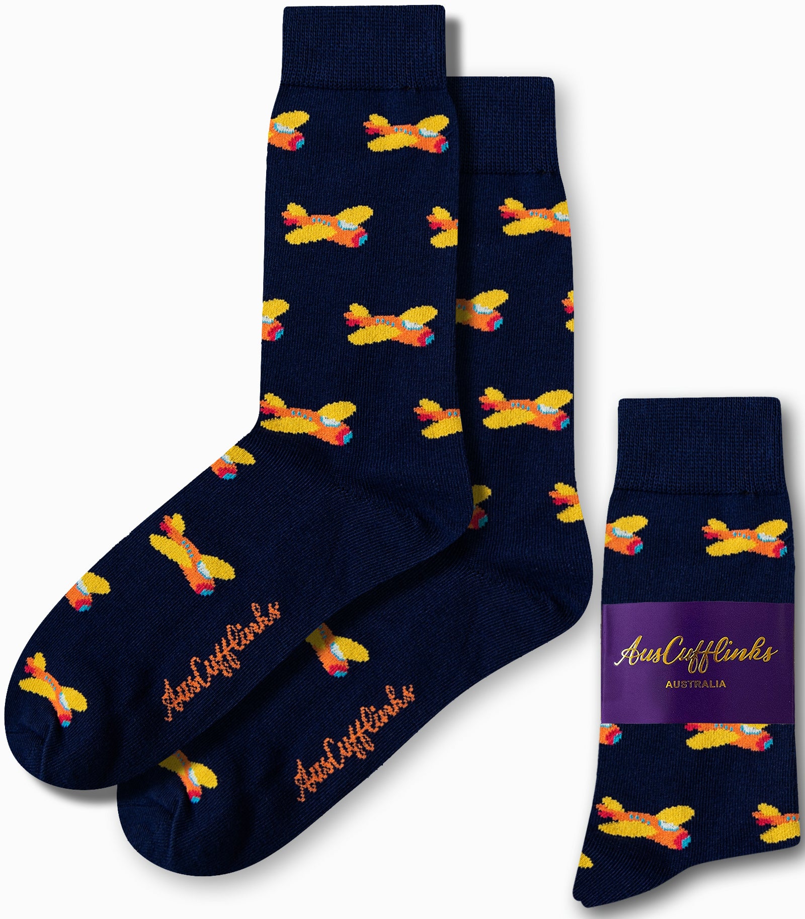 Orange aircraft print socks in navy blue base by AusCufflinks